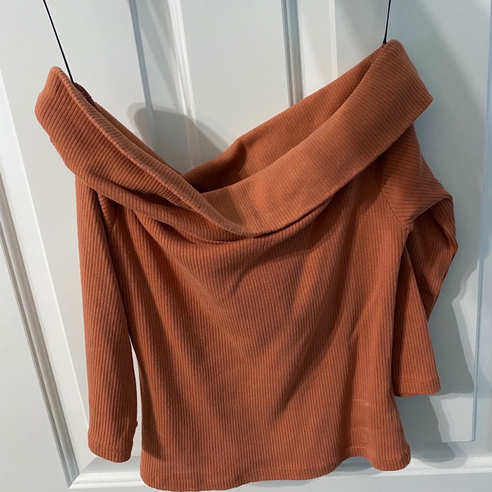 Burnt orange off the shoulder sweater